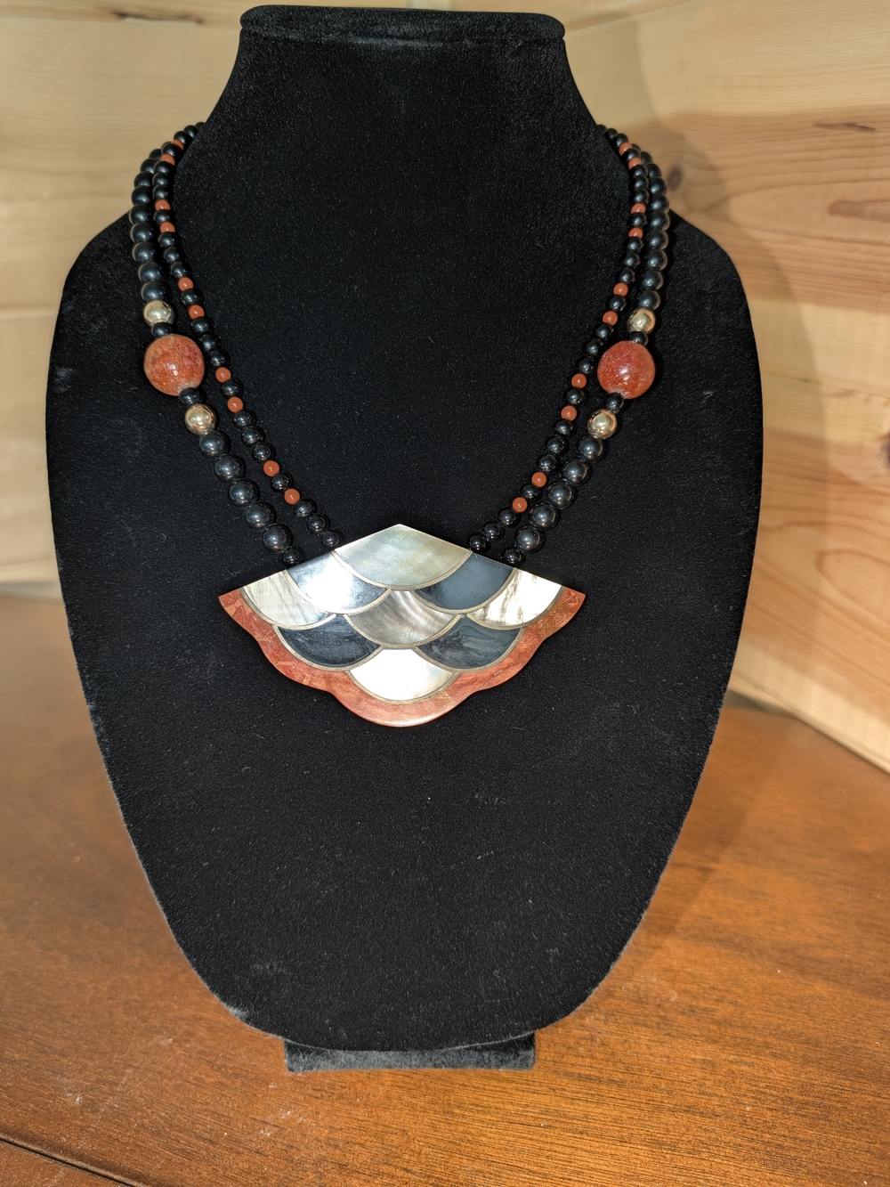 Vintage Art Deco Handcrafted Mother Of Pearl Inlay Statement Necklace